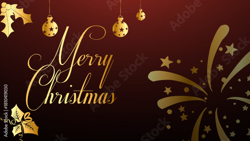 Luxurious dark maroon Christmas background featuring elegant golden script 'Merry Christmas' and scattered ornamental stars, perfect for exclusive holiday greetings and festive seasonal promotions