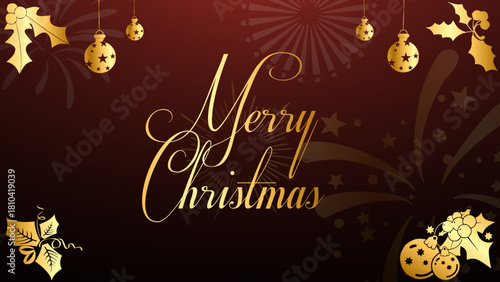 Luxurious dark maroon Christmas background featuring elegant golden script 'Merry Christmas' and scattered ornamental stars, perfect for exclusive holiday greetings and festive seasonal promotions