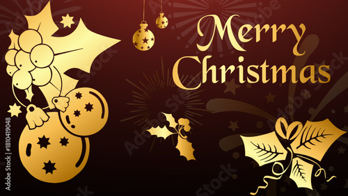 Luxurious dark maroon Christmas background featuring elegant golden script 'Merry Christmas' and scattered ornamental stars, perfect for exclusive holiday greetings and festive seasonal promotions