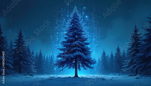 Cold winter forest night scene snow covered pine trees. Main fir tree in center shines bright blue light with digital tech network lines, nature meeting future data innovation, modern global progress.