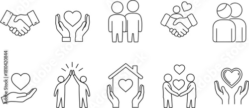 Collection of charity and support icons in a simple line art style