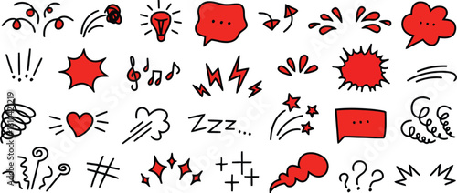 Hand drawn doodle elements set with red accents on white background