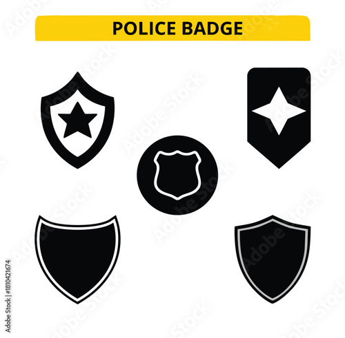 Display of police badges and star designs.
