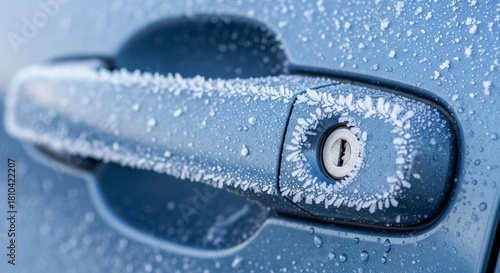 Icy Car Door Handle with Frost Crystals Encasing Surface During Freezing Winter Weather Season, Detailed Macro Shot Automotive Exterior