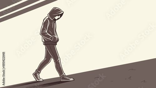 Hoodie Boy Walking at Night – Dark Moody Illustration