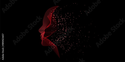 Artificial Intelligence, abstract artistic human head portrait made of dotted particles array, vector software digital visual interface. Digital soul, spirit of technological time