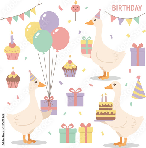 Cute Geese Birthday Celebration Vector Set - Flat Design Pastel Party Clip Art