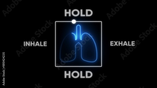 Blue neon outline of human lungs inside white square frame with text inhale hold exhale hold on black background