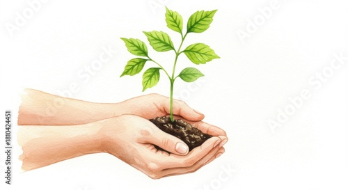 Caring Hands Nurturing Young Green Plant