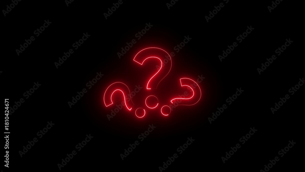 Fototapeta premium Three glowing red neon question marks with small red circles against a black background symbol image