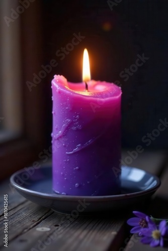 Purple advent candle, lit flame reflects on dark wood, season, winter, anticipation