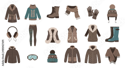 Winter Attire Array: A curated assortment of essential winter clothing items, meticulously arranged to showcase a variety of seasonal styles and practical garments, from outerwear to accessories.