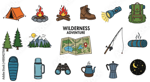 Wilderness Adventure: A visual compilation of wilderness adventure essentials, encompassing a tent, bonfire, boots, a flashlight, backpack, pine tree, mountain landscape, map, fishing rod, mat.