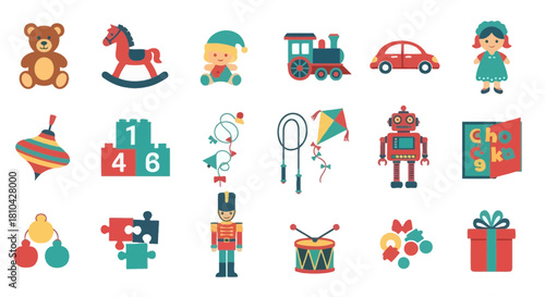 Childhood Delight: A vibrant assortment of childhood treasures, from a cuddly bear to a classic doll, embodies the joy and wonder of youth. A nostalgic collection for educational purpose