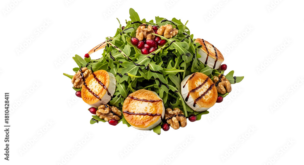 Fototapeta premium Indulge in a gourmet arugula salad featuring perfectly grilled goat cheese rounds, crunchy walnuts, and vibrant pomegranate seeds drizzled with rich balsamic glaze a delicious delight.