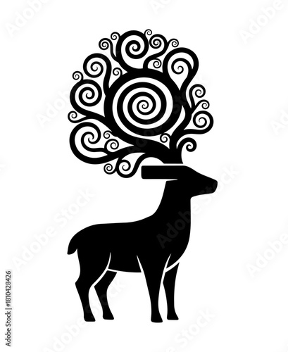 A stylized black silhouette of a majestic deer stands in profile, its antlers blooming into an elaborate, circular canopy of hypnotic spirals and ornate swirls that blend nature with abstract art