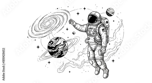 Sketchy Astronaut Floating Tattoo Design, Surreal Planets and Cosmic Wonders, Dreamlike.svg