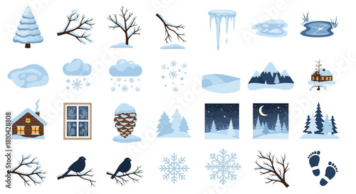 Sophisticated snowy winter scenes colorful vector silhouettes for design.svg