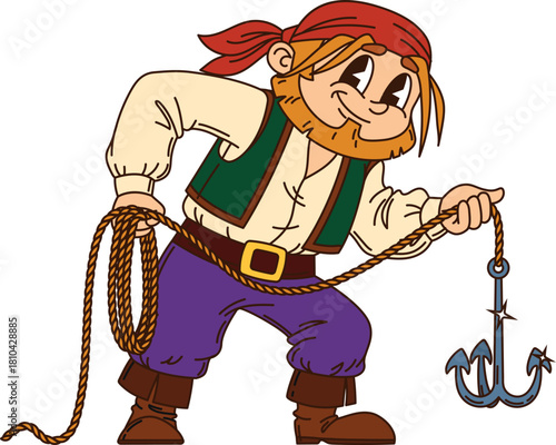 Corsair pirate crew boatswain with boarding hook cartoon character. Funny corsair sailor character, pirate fighter isolated vector mascot. Cheerful boatswain or skipper personage with rope and hook