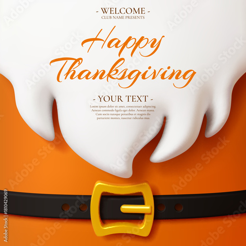 Happy Thanksgiving day party flyer invitation with gnome costume, white beard, golden belt buckle and festive text. Vector greeting card or invite poster template for seasonal autumn event celebration