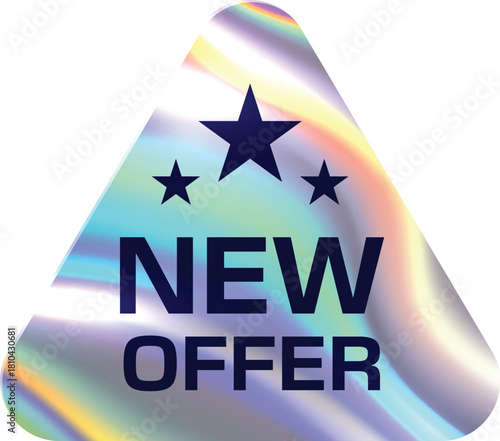 Metallic hologram Y2K new product offer sticker or label. Product authenticity certificate holographic sticker, official award metallic foil vector label. Quality guarantee triangular hologram tag