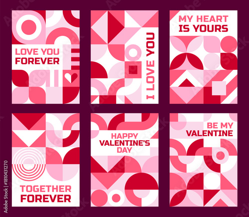 Valentines day posters with geometric pattern. Holiday banners with abstract shapes and romantic phrases like love you forever, I love you, my heart is yours and be my valentine. Vector greeting cards