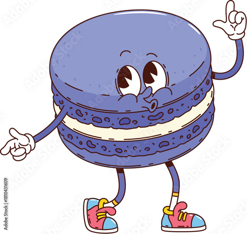 Cartoon groovy macaron or sweet dessert character of bakery, vector funny personage. Groovy macaron cookie or macaroon confection with funny face and funky whistling as retro groovy pastry character