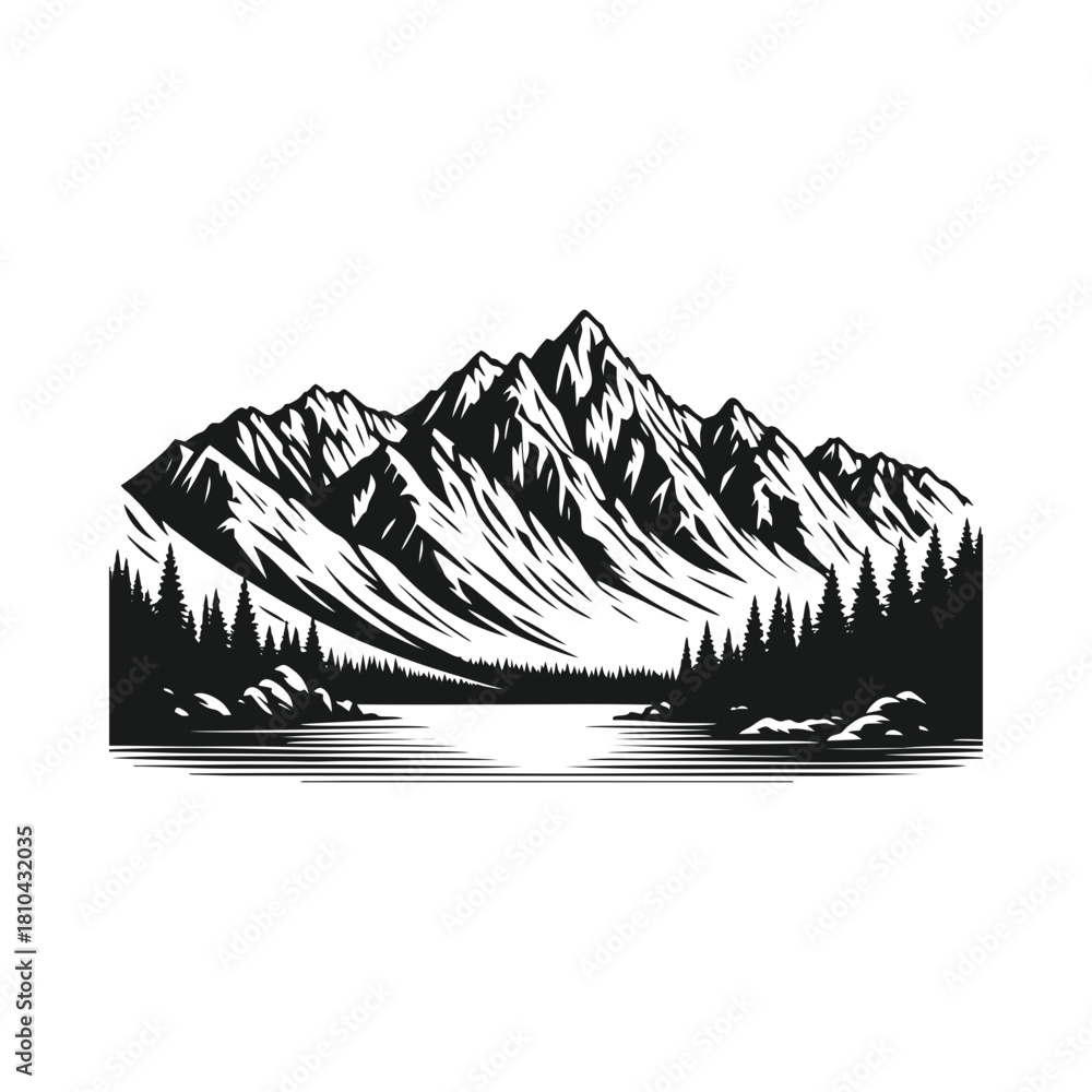 Fototapeta premium Mountain Landscape Silhouette Vector. Black and white nature illustration collection with lake, forest, and rocky peaks for outdoor adventure logo.