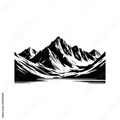 Mountain Landscape Silhouette Vector. Black and white nature illustration collection with lake, forest, and rocky peaks for outdoor adventure logo.