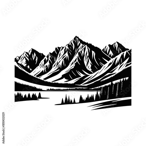 Mountain Landscape Silhouette Vector. Black and white nature illustration collection with lake, forest, and rocky peaks for outdoor adventure logo.