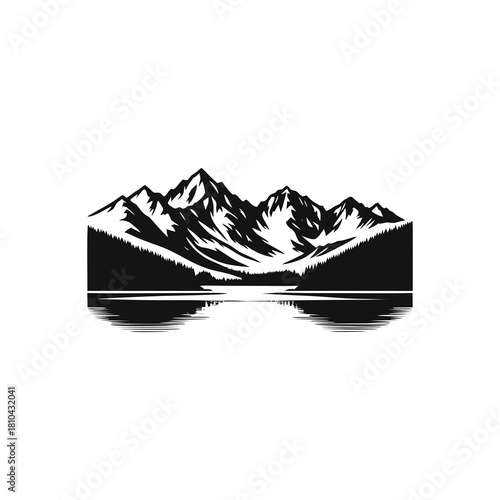 Mountain Landscape Silhouette Vector. Black and white nature illustration collection with lake, forest, and rocky peaks for outdoor adventure logo.