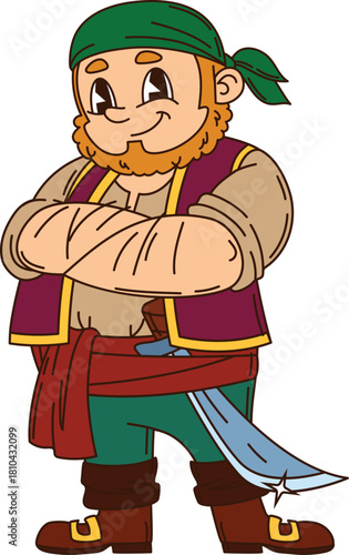 Corsair pirate crew strong sailor cartoon character. Cheerful pirate fighter character, corsair sailor isolated vector mascot. Filibuster personage standing with crossed hands and sword in belt