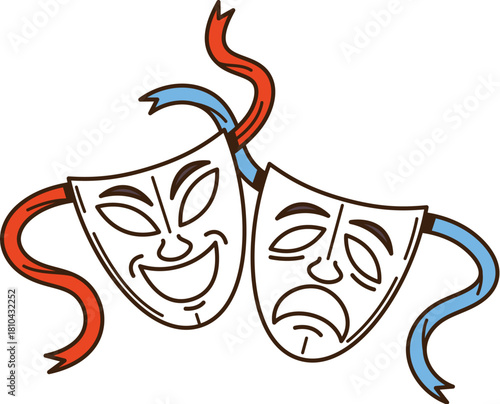 Cartoon theater and movie comedy and tragedy masks. Movie media production, filmmaking and video entertainment retro vector symbol. Cinematography industry and theater art acting vintage icon