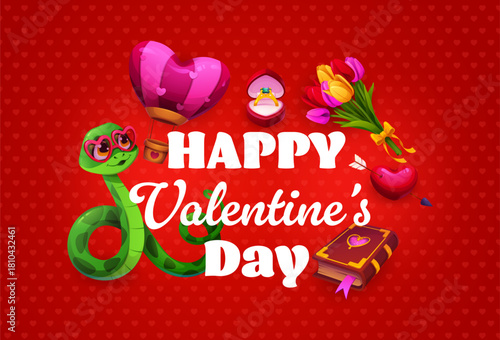 Happy Valentine s day greeting card or flyer. Saint Valentine day flyer or poster, love holiday greeting card with cute snake cartoon character, tulips flowers, engagement ring and hot air balloon