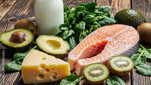 Nutrient-Rich Foods 4K Display Colorful Composition of Salmon, Dairy, Greens, and Avocados