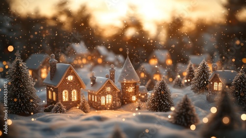 Snowy Christmas Village Scene at Sunset