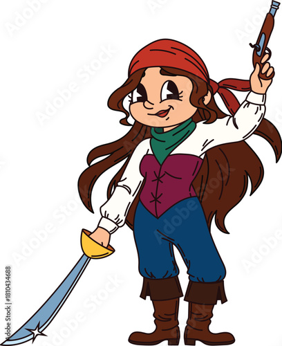 Woman corsair pirate cartoon cheerful character. Corsair boatswain cute character, pirate fighter cheerful isolated vector personage. Woman warrior happy mascot with cutlass sword and flintlock pistol