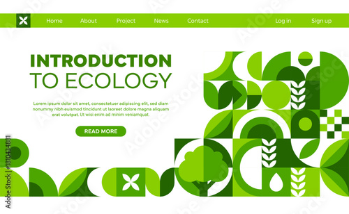 Ecology company landing page with geometric pattern. Vector environmental web banner template for environment campaigns, sustainability awareness and eco friendly projects in green and white colors