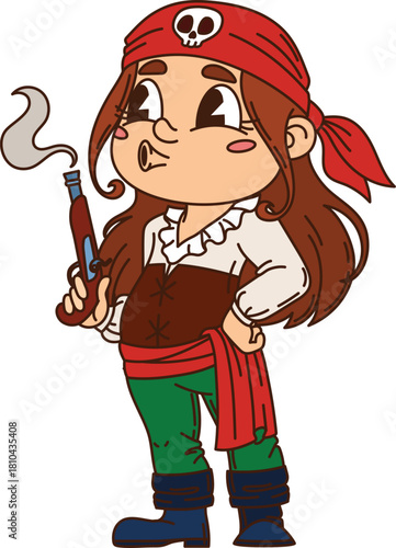 Girl kid pirate fighter cartoon happy character. Filibuster pirate crew boatswain happy mascot, corsair skipper cute vector character. Kid fighter cheerful personage blowing on flintlock pistol