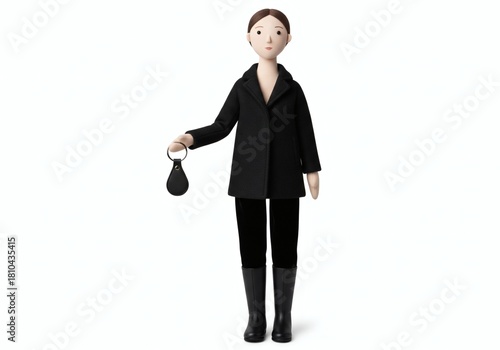 Stuffed doll of a sophisticated woman in a black coat and boots holding a keyring, symbolizing urban style, professionalism, and elegance