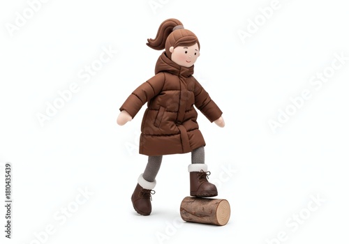 Stuffed doll of a woman in a heavy winter puffer coat stepping on a log, symbolizing outdoor adventure, cold weather, and resilience