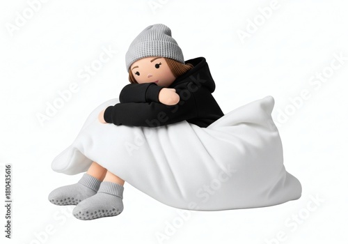 Stuffed doll of a woman in a hoodie and beanie curled up on a large pillow, symbolizing comfort, isolation, or quiet contemplation