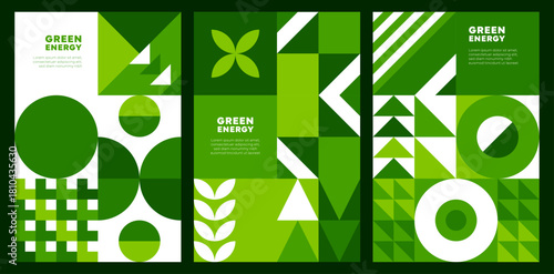 Green energy environment posters with geometric patterns. Ecology banners about sustainability. Environmental awareness with modern modular mosaic motif. Vector cover or layout vertical templates