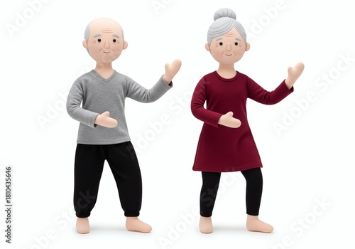Stuffed dolls of an elderly man and woman performing Tai Chi or Qigong, symbolizing healthy senior lifestyle and wellness