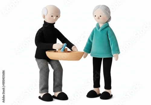 Stuffed dolls of an elderly couple operating a wooden toy sailboat, symbolizing leisure, retirement, and simple pleasures