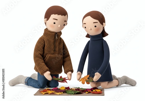 Stuffed dolls of a young couple kneeling and collecting autumn leaves, symbolizing fall activities and nature appreciation