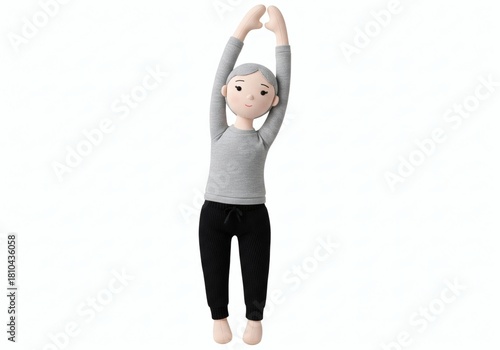Stuffed doll of a woman in workout clothes doing a stretch with arms overhead, symbolizing fitness, flexibility, and wellness