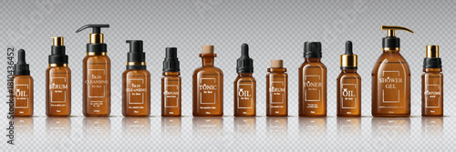 Realistic amber glass cosmetic bottles mockups, pump lid or dropper caps of cosmetic cream, serum and lotion, oil and shower gel. 3d vector containers with labels for skincare and beauty products