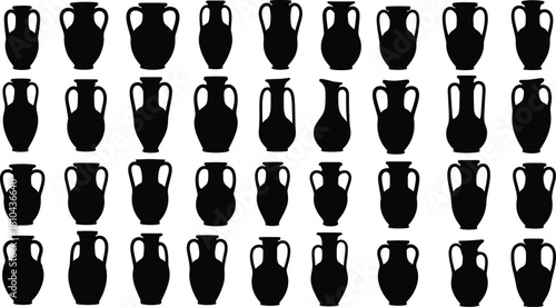 Ancient Greek vase silhouette vector set, antique amphora collection, roman clay pottery illustration isolated on white background, historical museum jar icons.