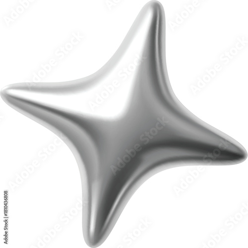 Silver metallic 3d metal star or spark realistic symbol. Silver star realistic form, shiny metal balloon render isolated vector element. Chrome metallic spark shape or glossy gradient metal 3d figure